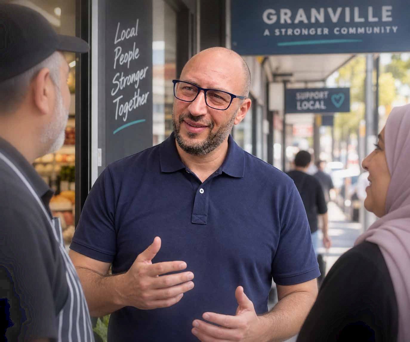Sal El Kheir talking with local residents outside a Granville shop